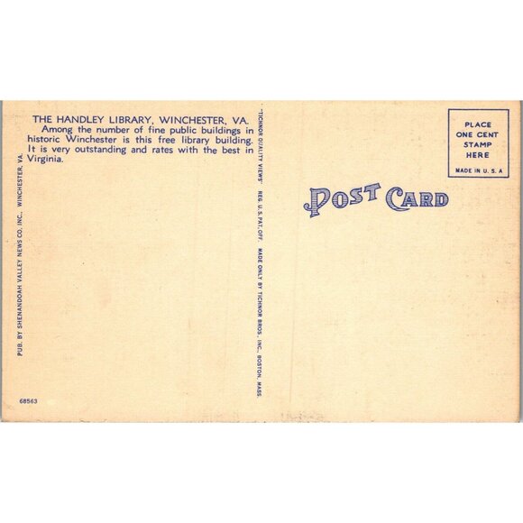 Postcard, Vintage, Winchester, VA, The Hadley Library, Night view - Picture 2 of 2